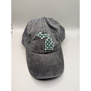 Michigan Map Outline Irish Clover Embroider Washed Cotton Cap Heather Grey